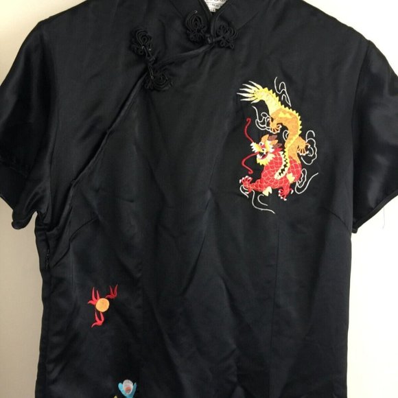 YI FANG CHEONGSAM DRESS WOMENS 44 BLACK SATIN ORIENTAL EMBROIDERED DRAGON VTG - Picture 6 of 16